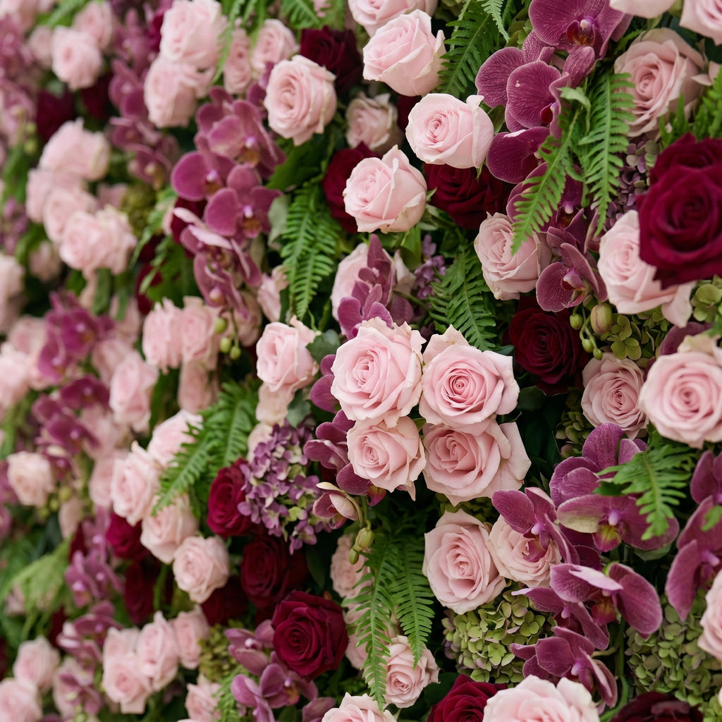 Gaellena | Luxury 5D Burgundy & Blush Pink Floral Wall with Greenery Roll-Up Backdrop for Romantic Fall Weddings | Shipping Included