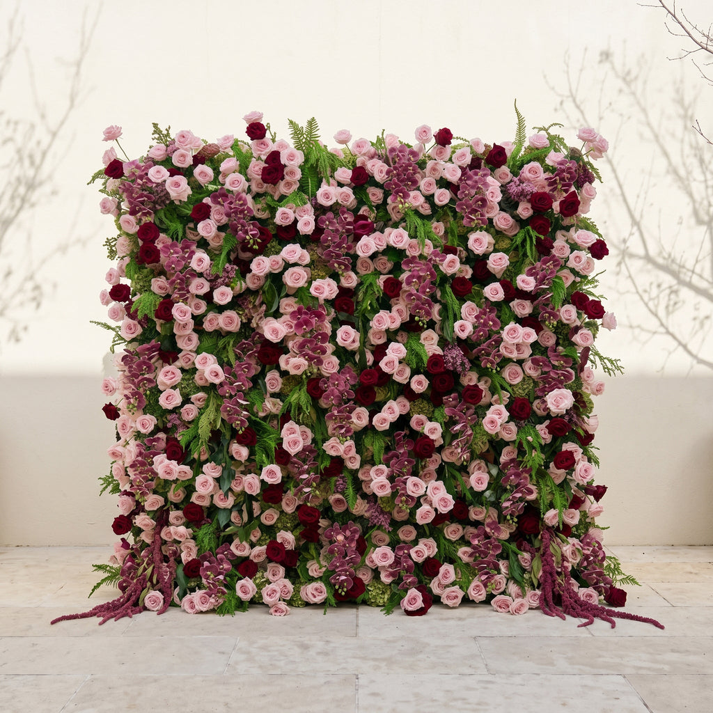 Gaellena | Luxury 5D Burgundy & Blush Pink Floral Wall with Greenery Roll-Up Backdrop for Romantic Fall Weddings | Shipping Included