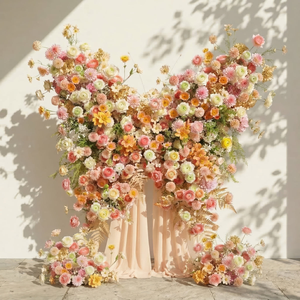Cirelle | Exquisite Peach & Champagne Butterfly-Shaped Flower Wall Backdrop for Garden Proposals & Weddings | Shipping Included