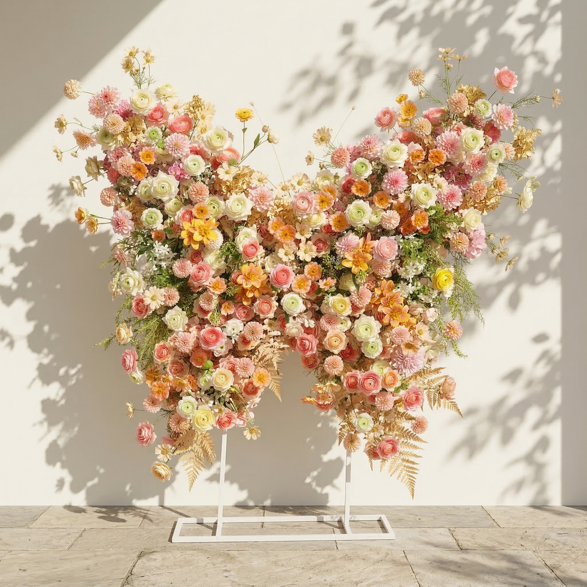 Cirelle | Exquisite Peach & Champagne Butterfly-Shaped Flower Wall Backdrop for Garden Proposals & Weddings | Shipping Included