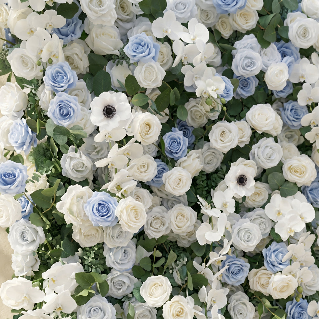 Glenena | Elegant 5D Sky Blue & White Event-Ready Floral Wall Backdrop for Bright Spring Wedding Aesthetics | Shipping Included