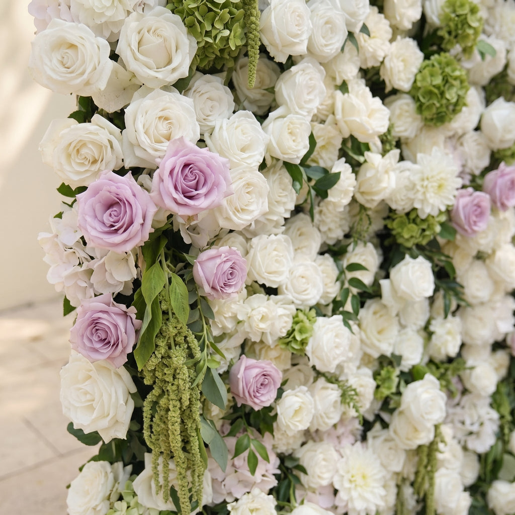 Jollyra | 5D Blush Lavender Pink & Ivory White Event-Ready Silk Rose Floral Wall Backdrop with Lush Greenery for Romantic Wedding & Proposal Setups | Shipping Included