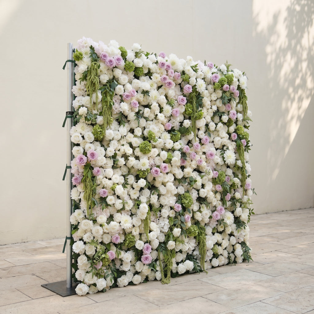 Jollyra | 5D Blush Lavender Pink & Ivory White Event-Ready Silk Rose Floral Wall Backdrop with Lush Greenery for Romantic Wedding & Proposal Setups | Shipping Included