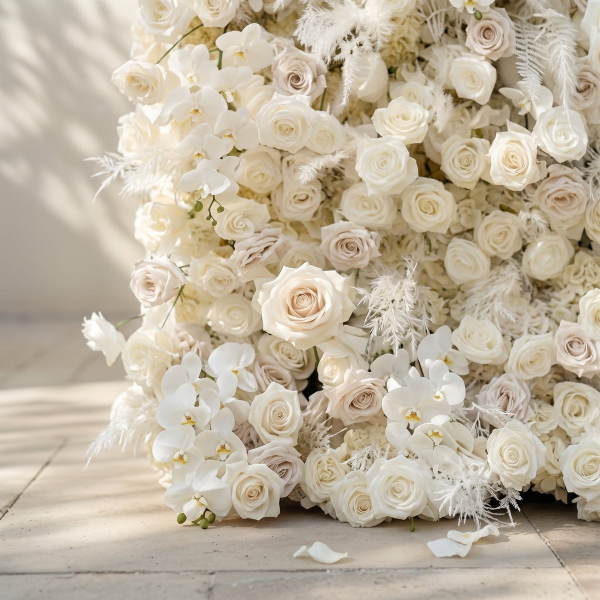 Junbelle | Elegant 5D White Floral Wall with Pampas Grass Accents Roll-Up Backdrop for Whimsical Bridal Showers | Shipping Included