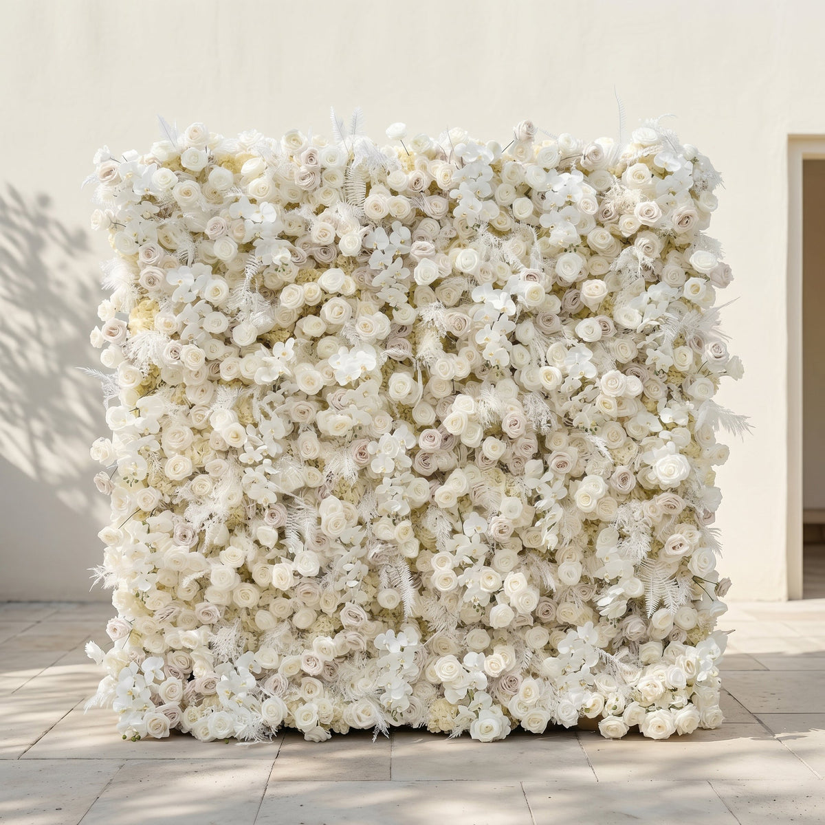 Junbelle | Elegant 5D White Floral Wall with Pampas Grass Accents Roll-Up Backdrop for Whimsical Bridal Showers | Shipping Included