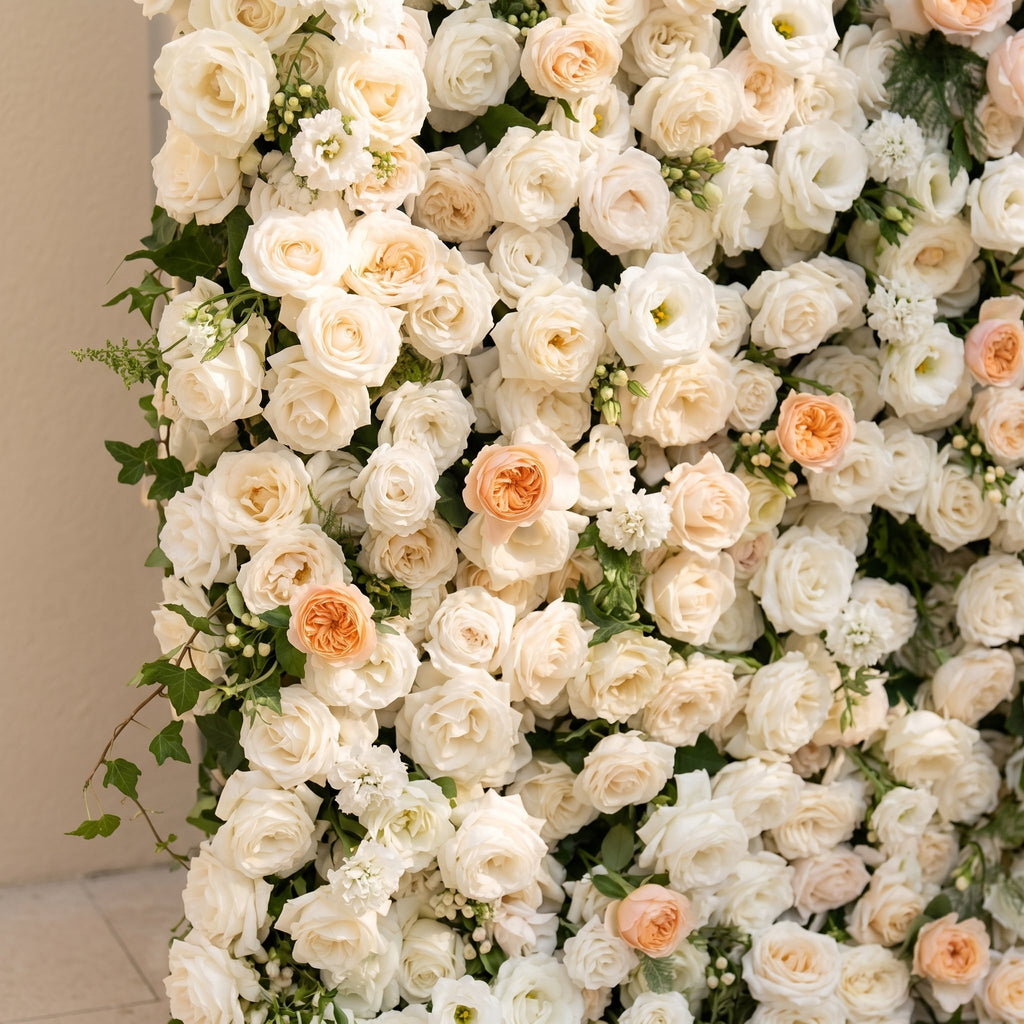 Karellora | 5D Cream Ivory White Event-Ready Silk Rose Floral Wall Backdrop with Soft Peach Accents for Romantic Wedding & Proposal Setups | Shipping Included