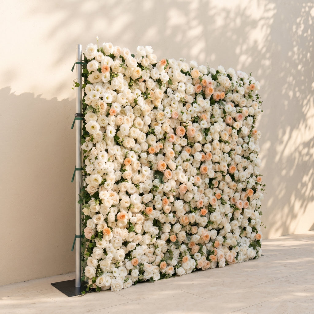 Karellora | 5D Cream Ivory White Event-Ready Silk Rose Floral Wall Backdrop with Soft Peach Accents for Romantic Wedding & Proposal Setups | Shipping Included