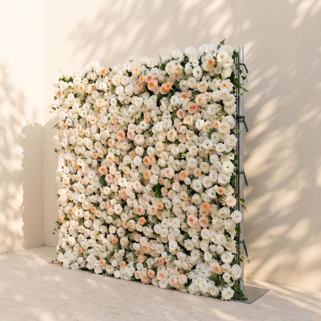 Karellora | 5D Cream Ivory White Event-Ready Silk Rose Floral Wall Backdrop with Soft Peach Accents for Romantic Wedding & Proposal Setups | Shipping Included