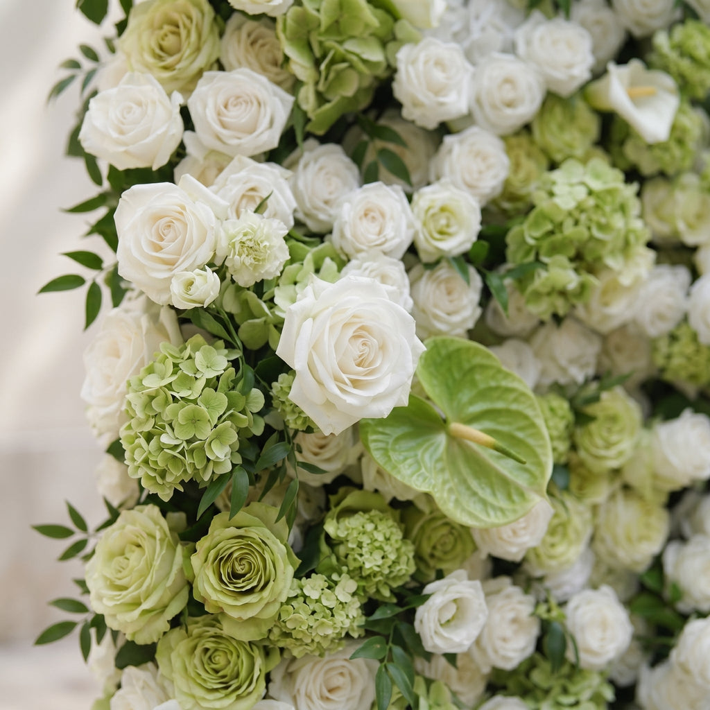 Keirmira | 5D Fresh Green & Ivory White Event-Ready Silk Rose Floral Wall Backdrop for Romantic Wedding & Proposal Setups | Shipping Included