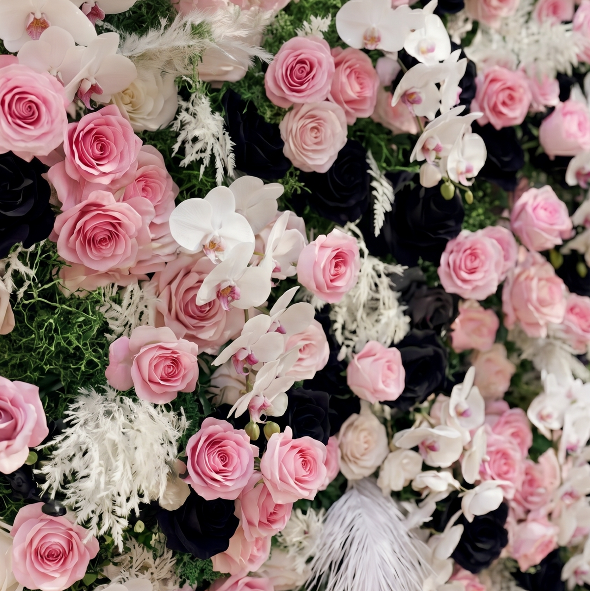 Larorae | Luxury 5D Black & Blush Pink Silk Event-Ready Floral Wall Backdrop for Edgy Romantic Weddings | Shipping Included