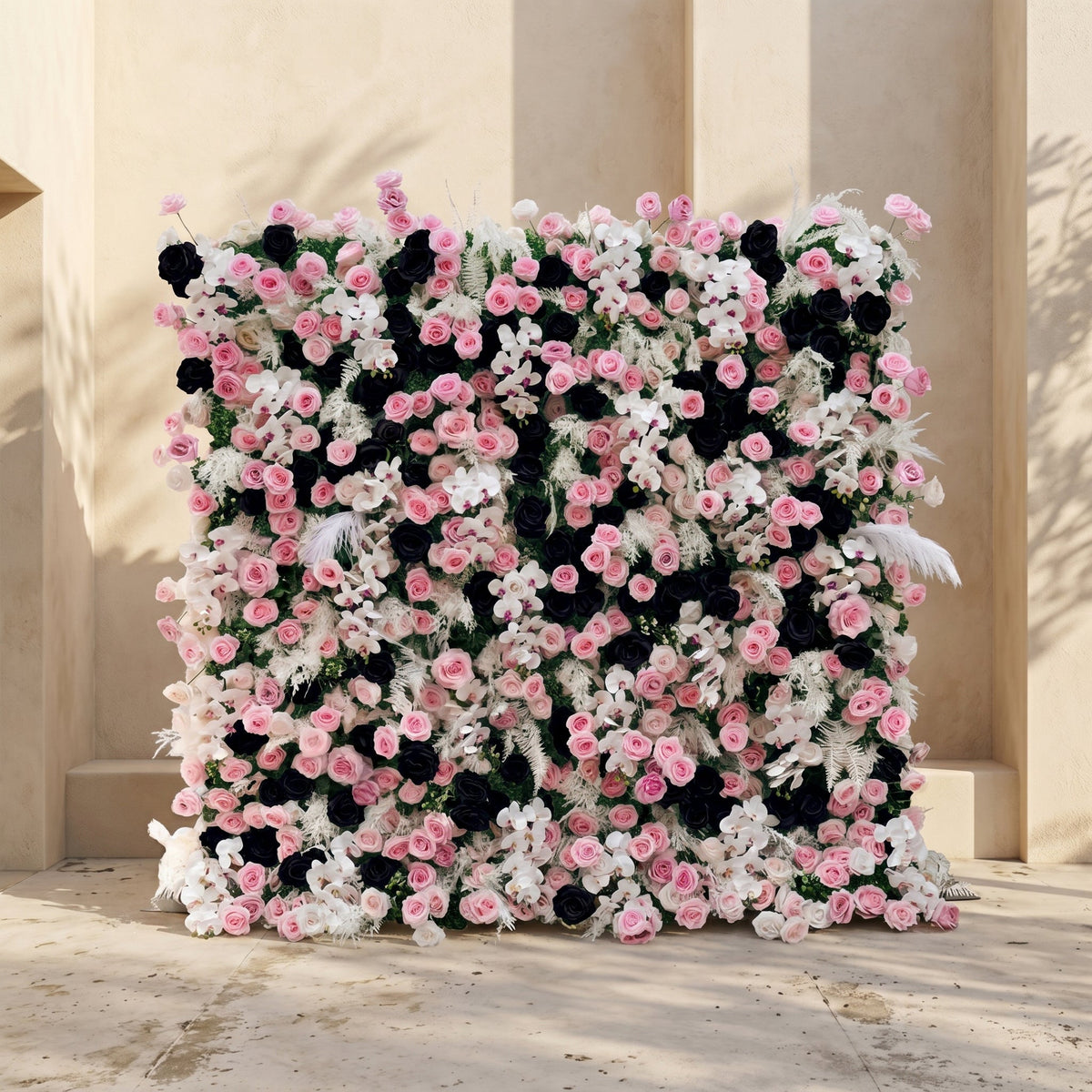 Larorae | Luxury 5D Black & Blush Pink Silk Event-Ready Floral Wall Backdrop for Edgy Romantic Weddings | Shipping Included