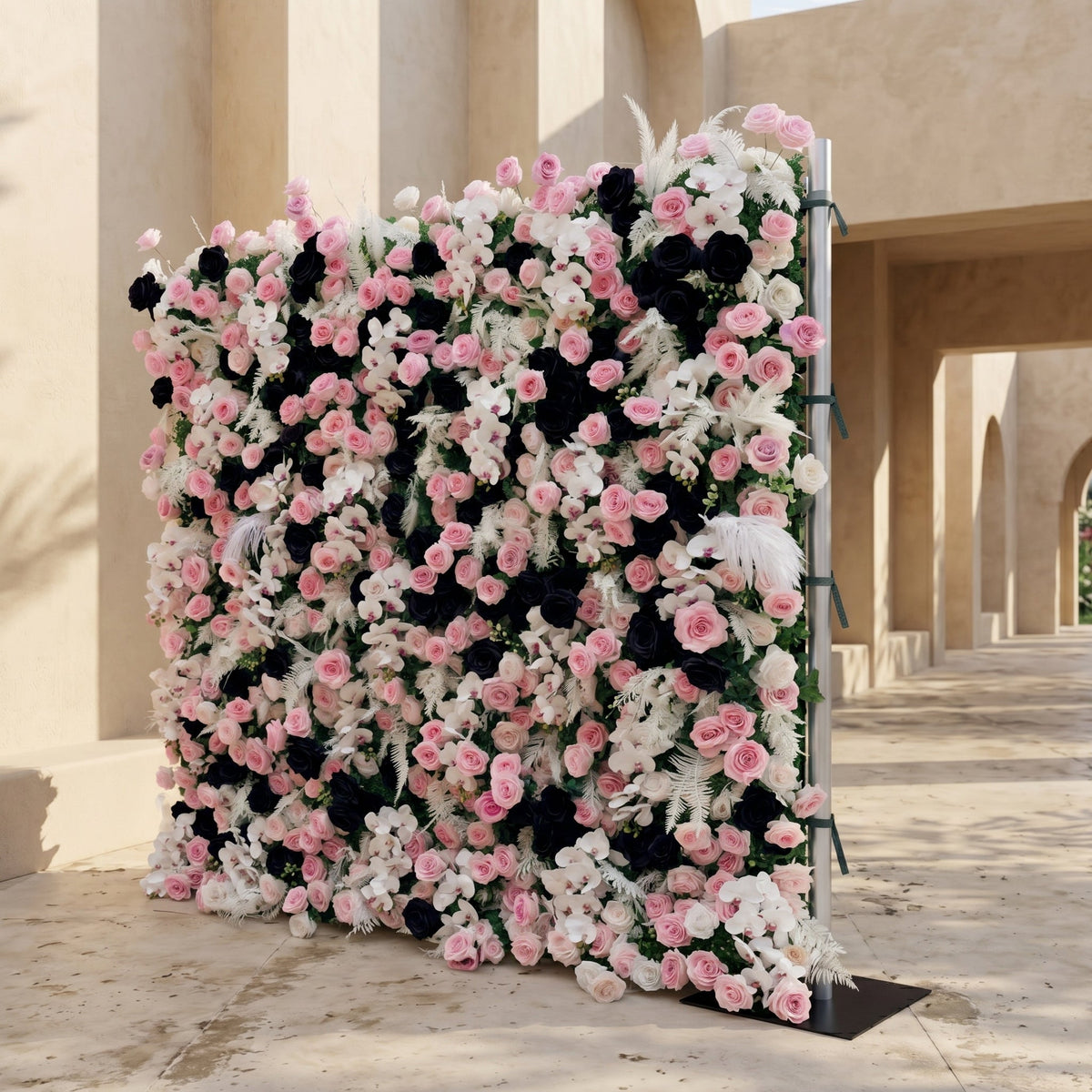 Larorae | Luxury 5D Black & Blush Pink Silk Event-Ready Floral Wall Backdrop for Edgy Romantic Weddings | Shipping Included