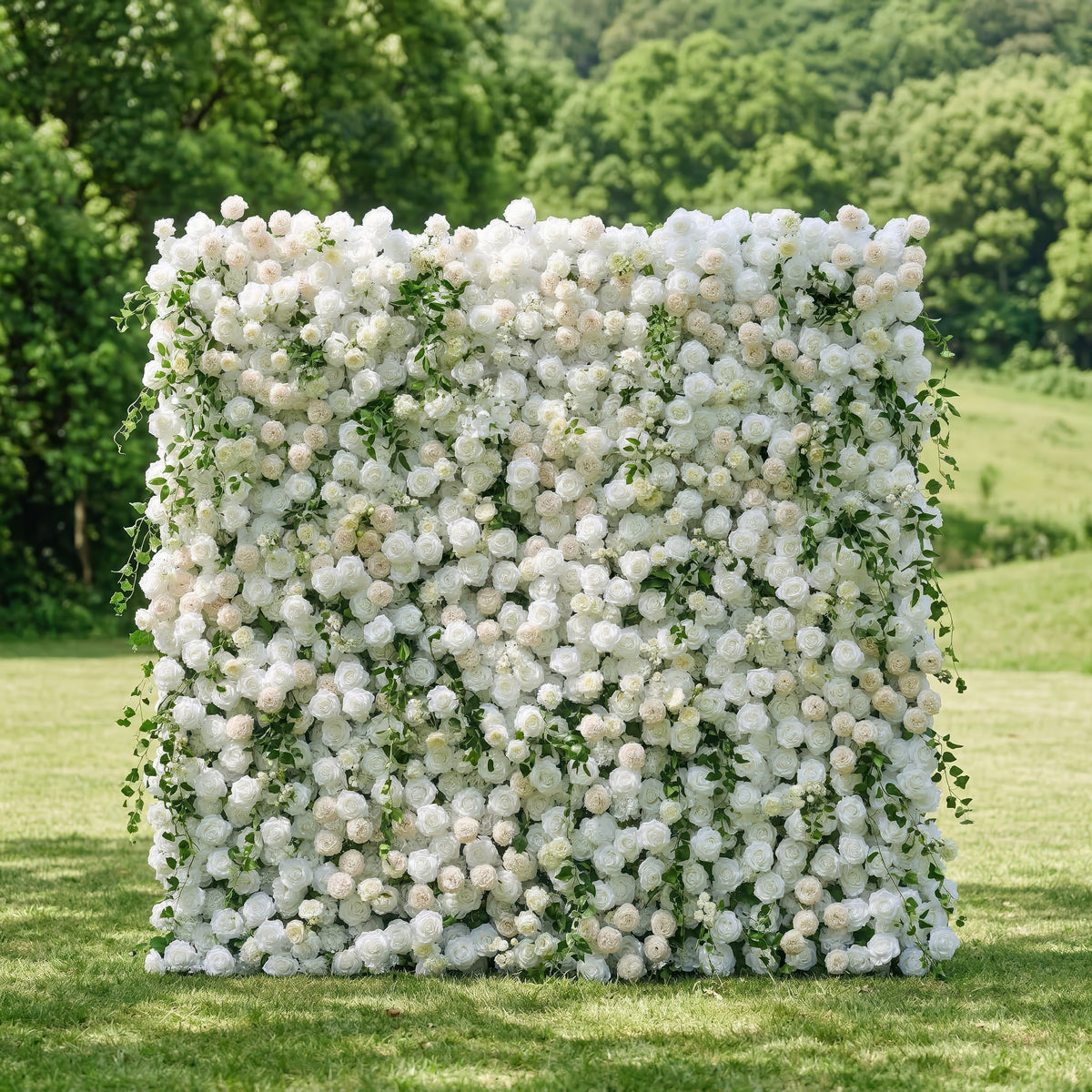 Lioraen | 5D Timeless Ivory and Light Champagne Flower Wall with Hanging Greenery Roll-Up Fabric Backdrop for Garden Party & Event | Shipping Included