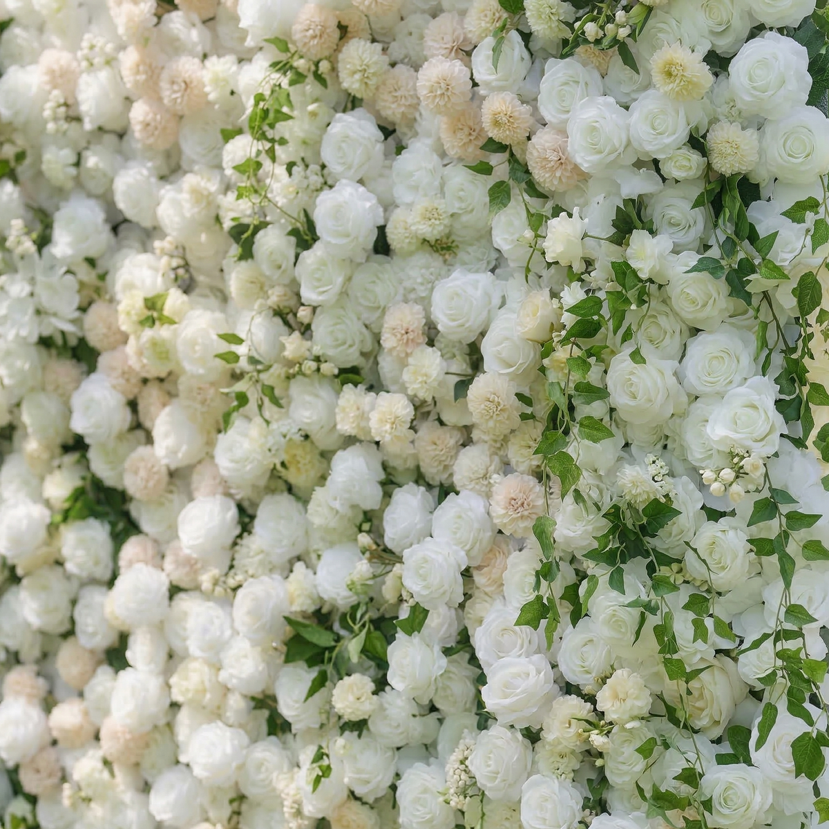Lioraen | 5D Timeless Ivory and Light Champagne Flower Wall with Hanging Greenery Roll-Up Fabric Backdrop for Garden Party & Event | Shipping Included