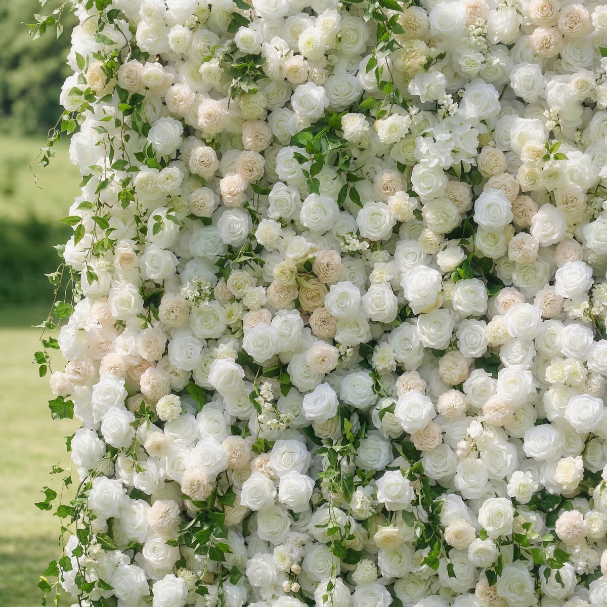 Lioraen | 5D Timeless Ivory and Light Champagne Flower Wall with Hanging Greenery Roll-Up Fabric Backdrop for Garden Party & Event | Shipping Included