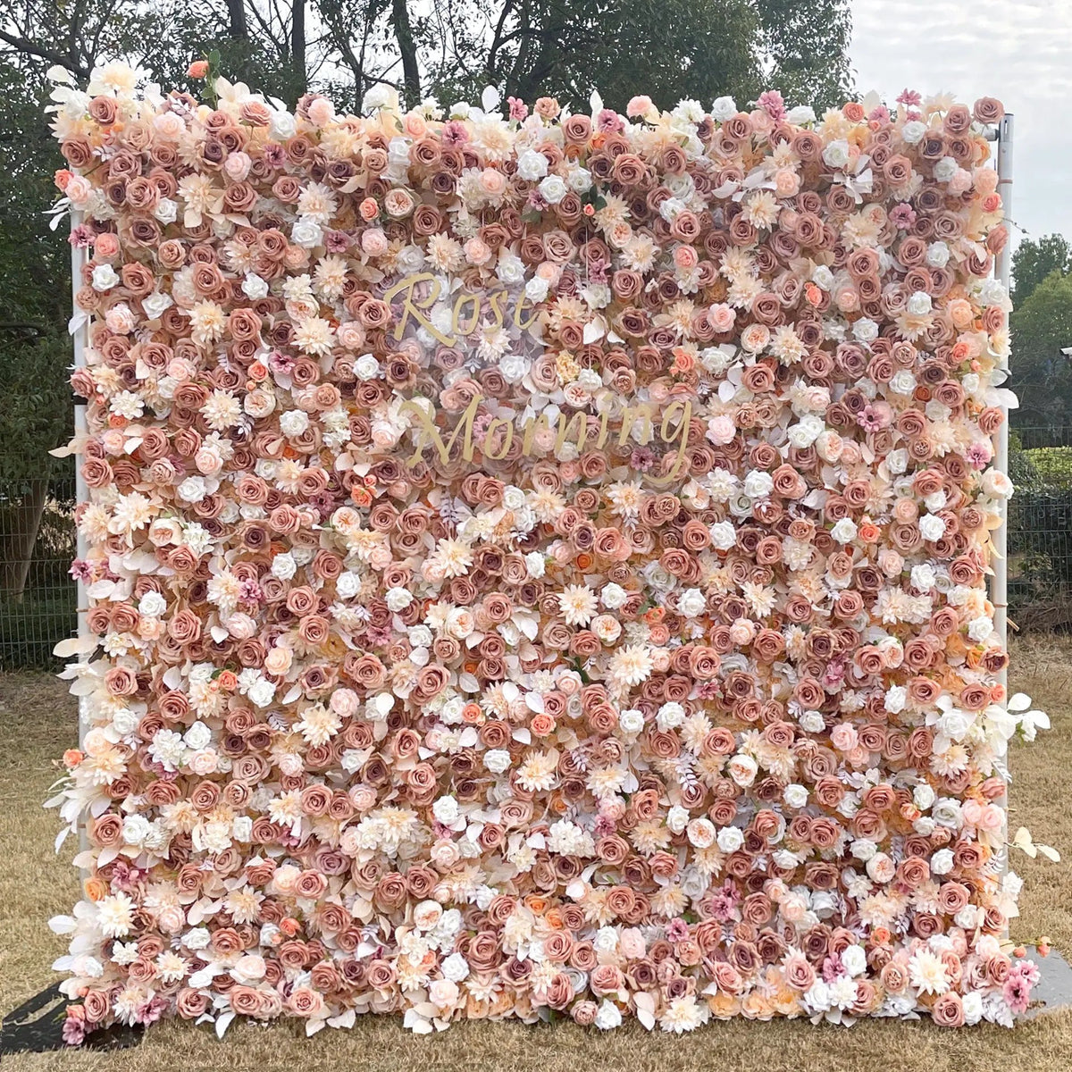 Lynn | 5D Golden Event-Ready Artificial Floral Wall Backdrop, Roll-Up Fabric | Shipping Included