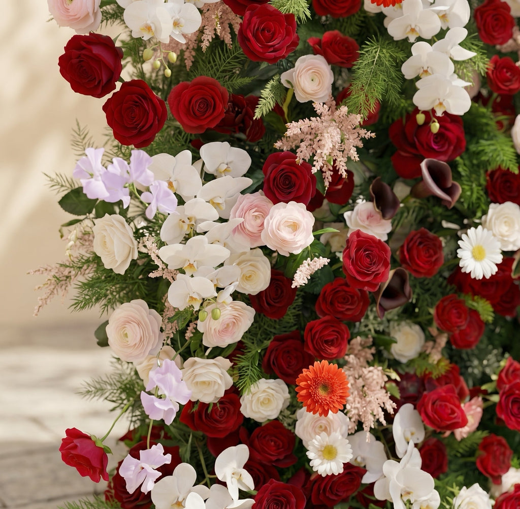Maelelia | Premium 4D Crimson Rose & White Daisy Silk Flower Wall with Botanical Textures for Bold Branding Events | Shipping Included