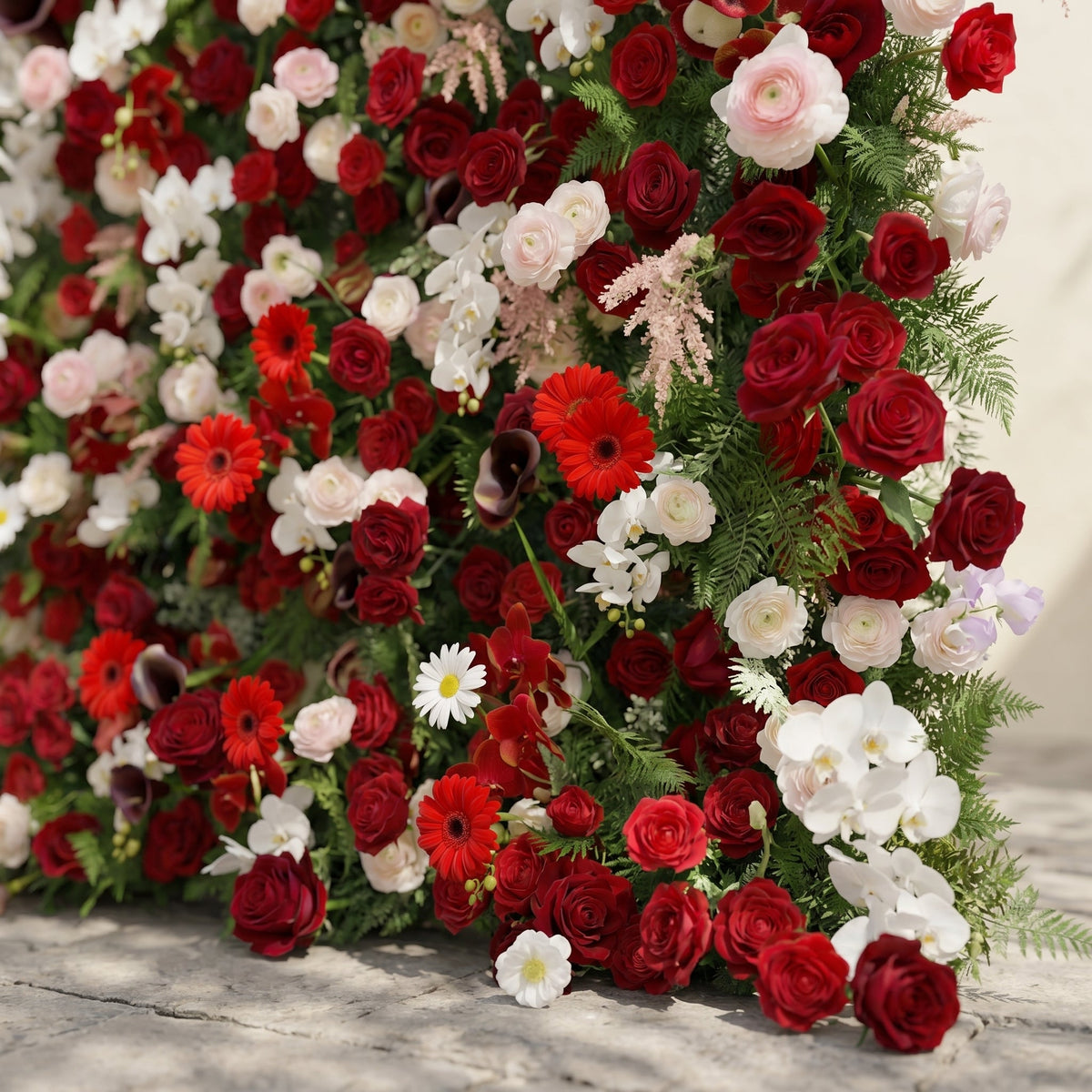 Maelelia | Premium 4D Crimson Rose & White Daisy Silk Flower Wall with Botanical Textures for Bold Branding Events | Shipping Included