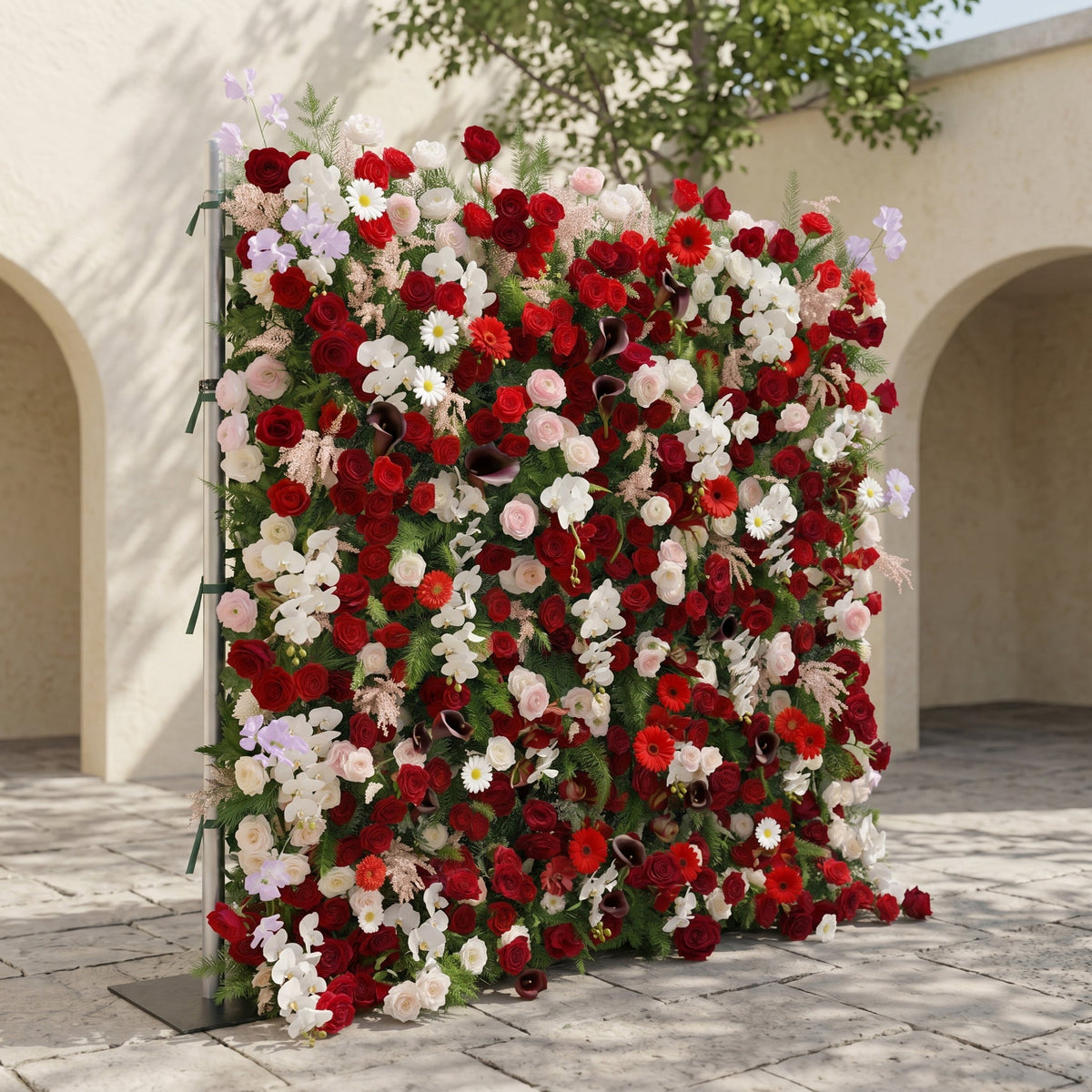 Maelelia | Premium 4D Crimson Rose & White Daisy Silk Flower Wall with Botanical Textures for Bold Branding Events | Shipping Included