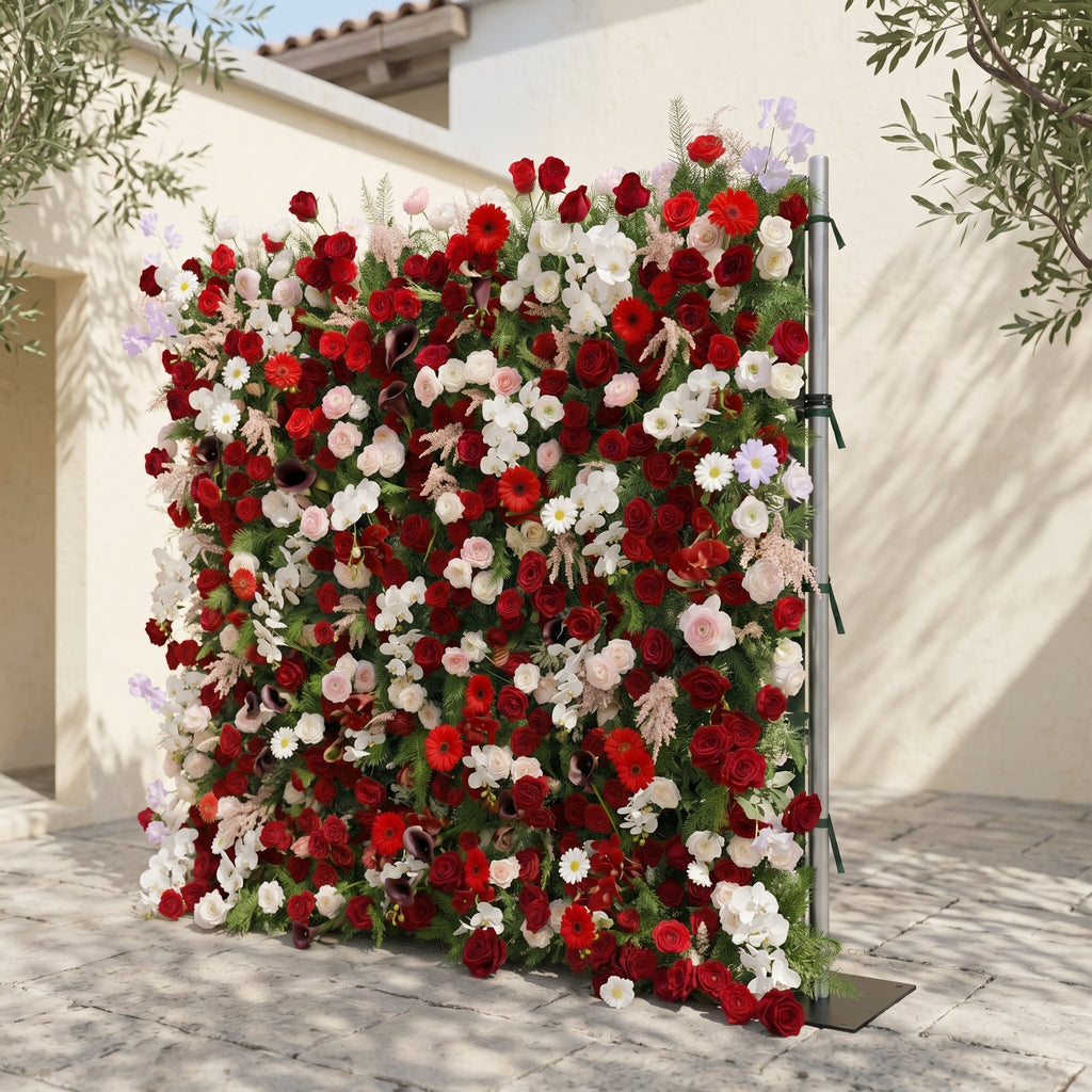 Maelelia | Premium 4D Crimson Rose & White Daisy Silk Flower Wall with Botanical Textures for Bold Branding Events | Shipping Included