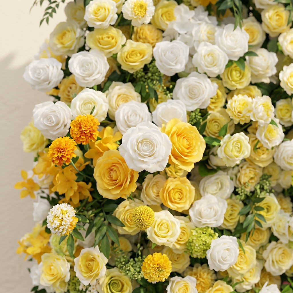 Marellyn | 5D Bright Yellow & Ivory White Event-Ready Silk Rose Floral Wall Backdrop for Romantic Wedding & Proposal Setups | Shipping Included