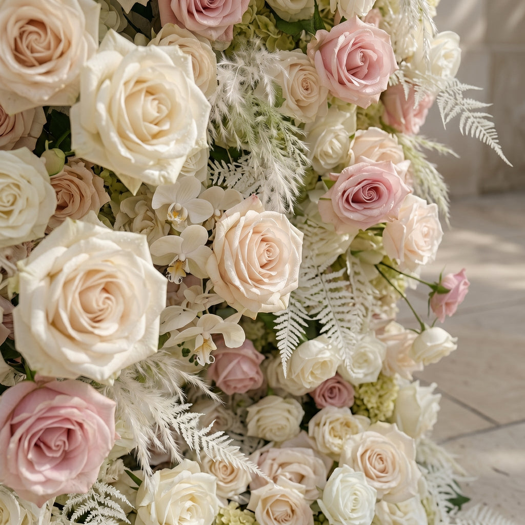 Mavenena | 5D Neutral Cream Blush Pink & Ivory White Event-Ready Silk Rose Floral Wall Backdrop for Romantic Wedding & Proposal Setups | Shipping Included