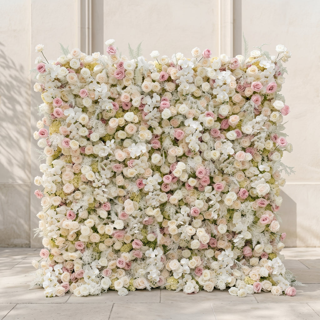 Mavenena | 5D Neutral Cream Blush Pink & Ivory White Event-Ready Silk Rose Floral Wall Backdrop for Romantic Wedding & Proposal Setups | Shipping Included