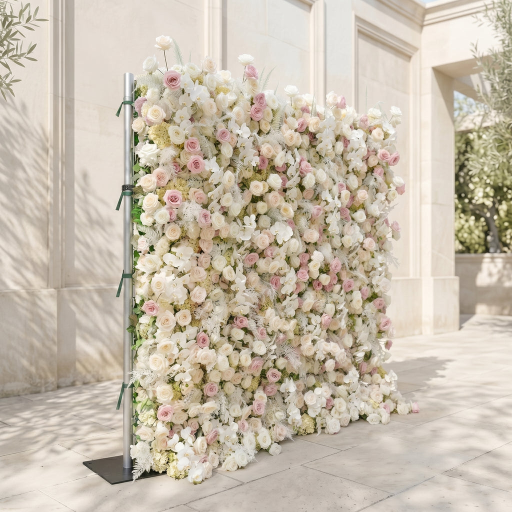 Mavenena | 5D Neutral Cream Blush Pink & Ivory White Event-Ready Silk Rose Floral Wall Backdrop for Romantic Wedding & Proposal Setups | Shipping Included