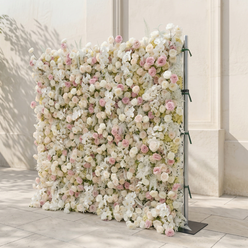 Mavenena | 5D Neutral Cream Blush Pink & Ivory White Event-Ready Silk Rose Floral Wall Backdrop for Romantic Wedding & Proposal Setups | Shipping Included