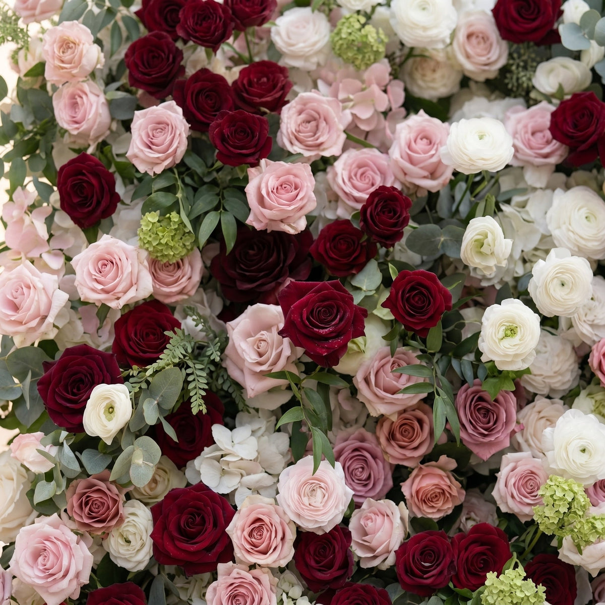 Mavenrella | 5D Burgundy Red, Blush Pink & Ivory White Event-Ready Silk Rose Floral Wall Backdrop for Romantic Wedding & Proposal Setups | Shipping Included
