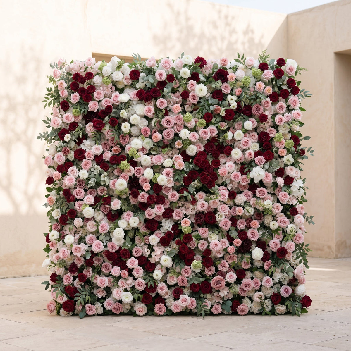 Mavenrella | 5D Burgundy Red, Blush Pink & Ivory White Event-Ready Silk Rose Floral Wall Backdrop for Romantic Wedding & Proposal Setups | Shipping Included