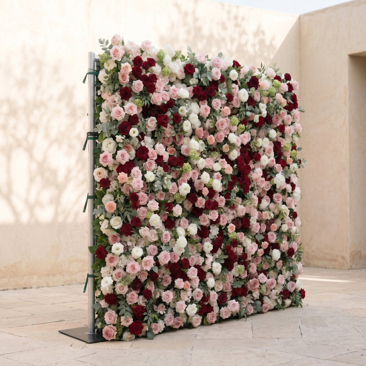 Mavenrella | 5D Burgundy Red, Blush Pink & Ivory White Event-Ready Silk Rose Floral Wall Backdrop for Romantic Wedding & Proposal Setups | Shipping Included