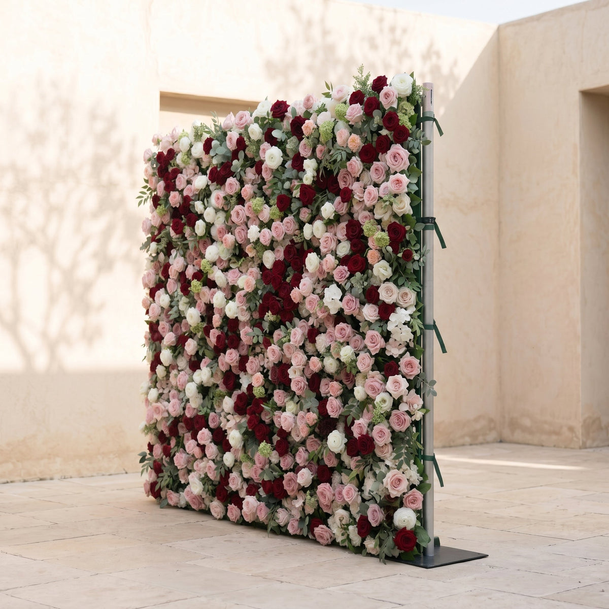 Mavenrella | 5D Burgundy Red, Blush Pink & Ivory White Event-Ready Silk Rose Floral Wall Backdrop for Romantic Wedding & Proposal Setups | Shipping Included