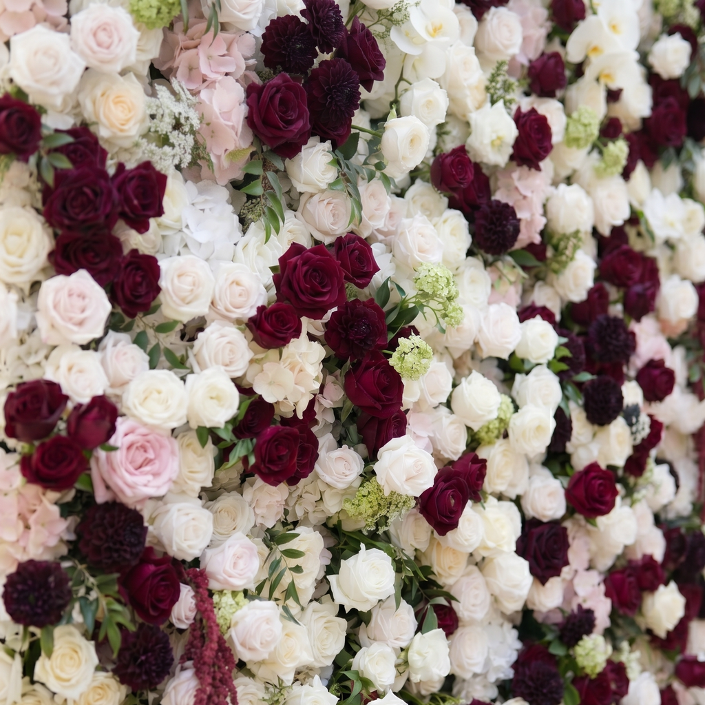 Mirenorae | Luxury 5D Burgundy Red & Ivory White Event-Ready Silk Floral Wall Backdrop for Grand Weddings | Shipping Included