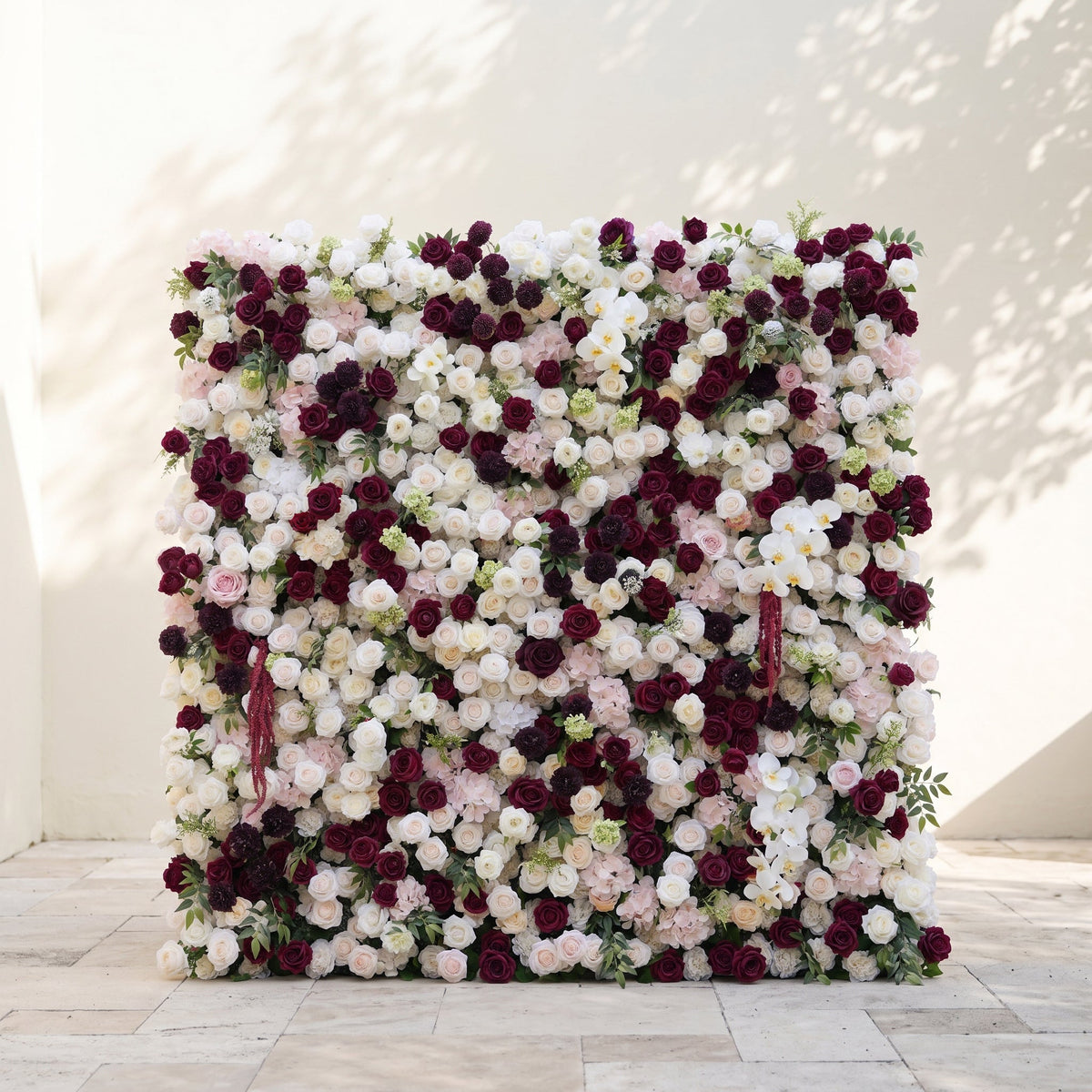 Mirenorae | Luxury 5D Burgundy Red & Ivory White Event-Ready Silk Floral Wall Backdrop for Grand Weddings | Shipping Included