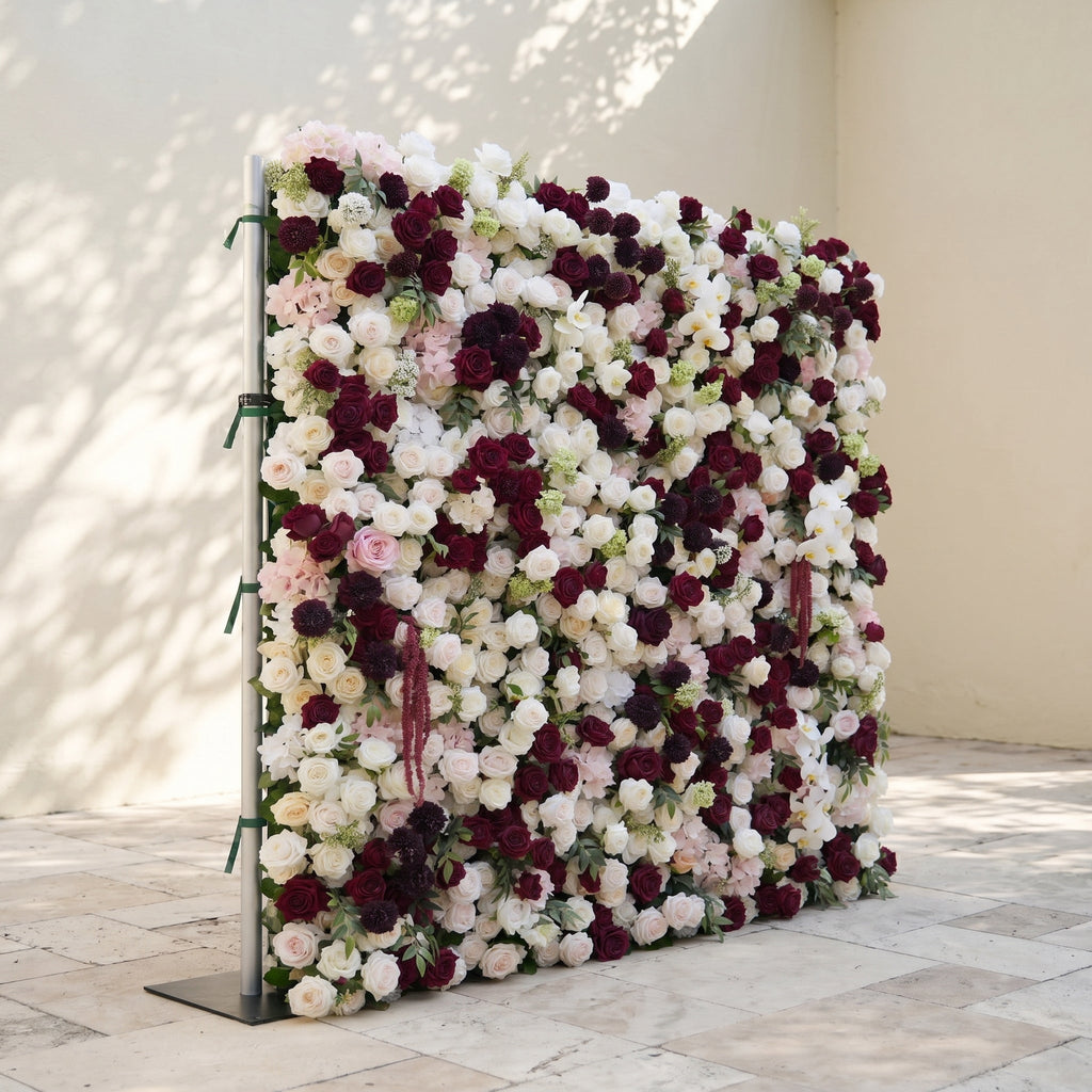 Mirenorae | Luxury 5D Burgundy Red & Ivory White Event-Ready Silk Floral Wall Backdrop for Grand Weddings | Shipping Included