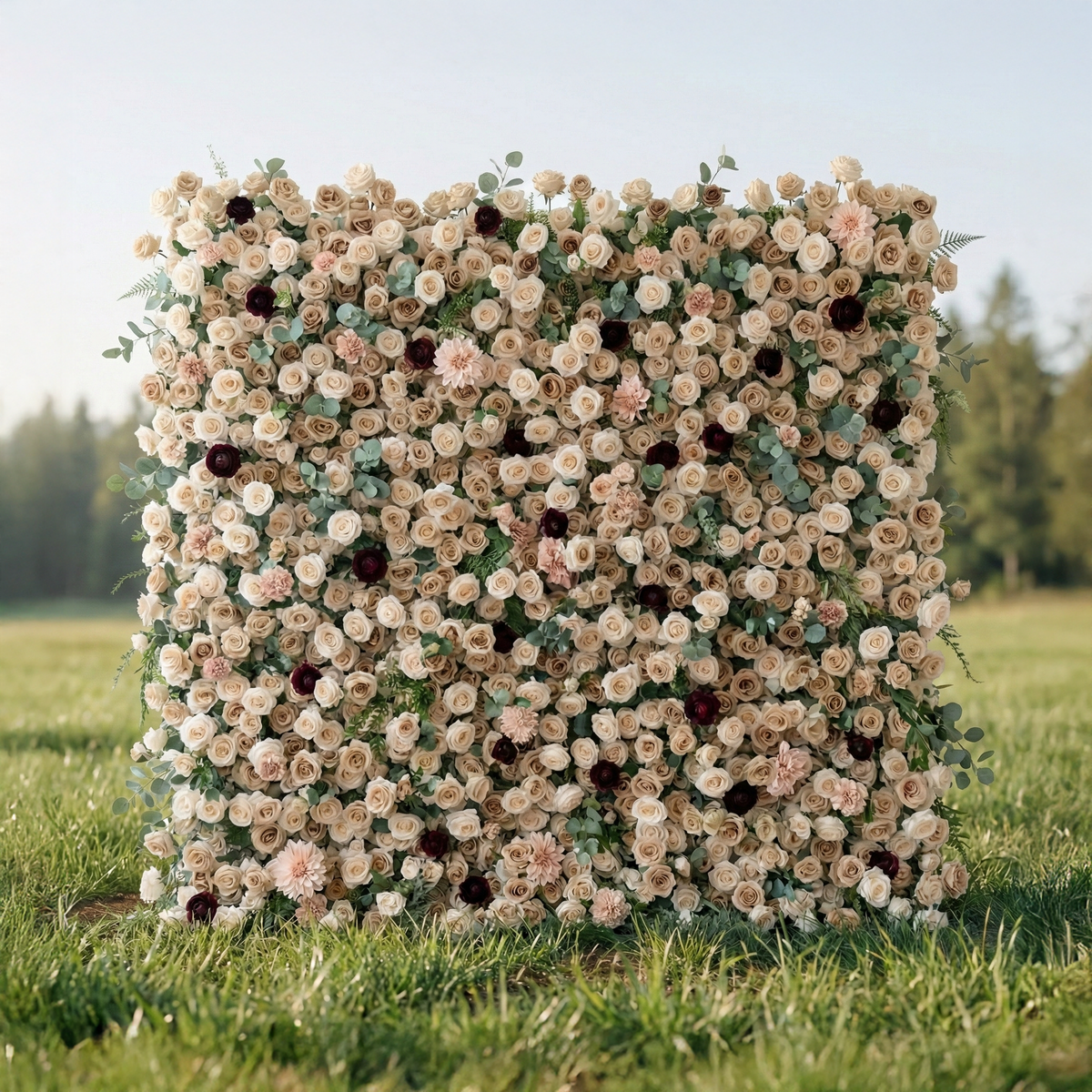 Mireya | 5D Elegant Champagne & Burgundy Event-Ready Silk Rose Floral Wall Backdrop for Luxury Weddings & Garden Parties | Shipping Included