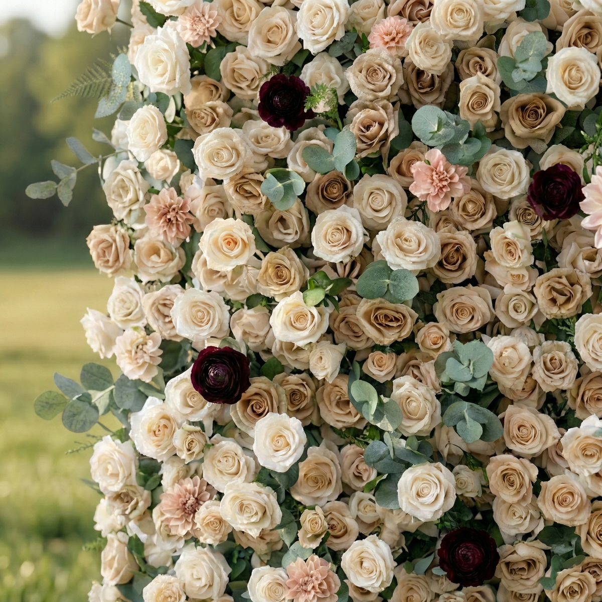 Mireya | 5D Elegant Champagne & Burgundy Event-Ready Silk Rose Floral Wall Backdrop for Luxury Weddings & Garden Parties | Shipping Included