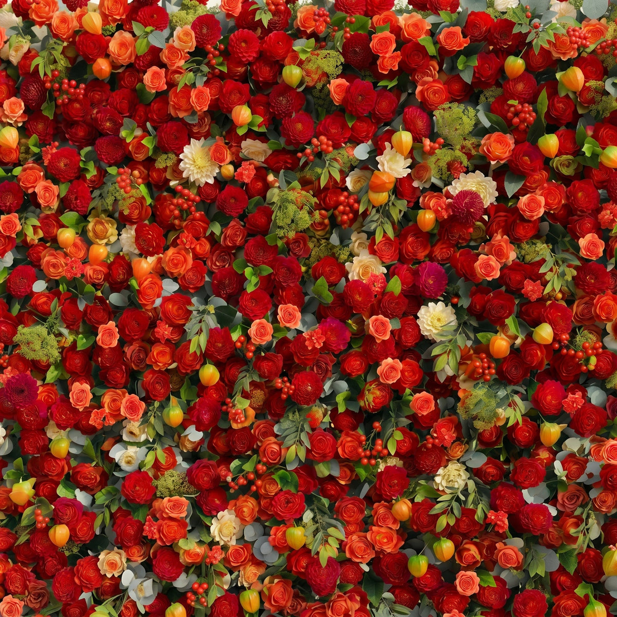 Novara | Luxury 5D Crimson Red & Vibrant Orange Silk Floral Wall Backdrop with Berry Accents for Autumn Weddings | Shipping Included