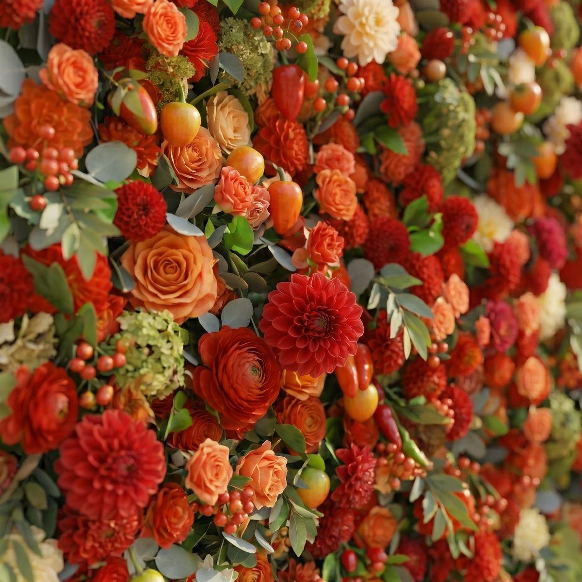 Novara | Luxury 5D Crimson Red & Vibrant Orange Silk Floral Wall Backdrop with Berry Accents for Autumn Weddings | Shipping Included