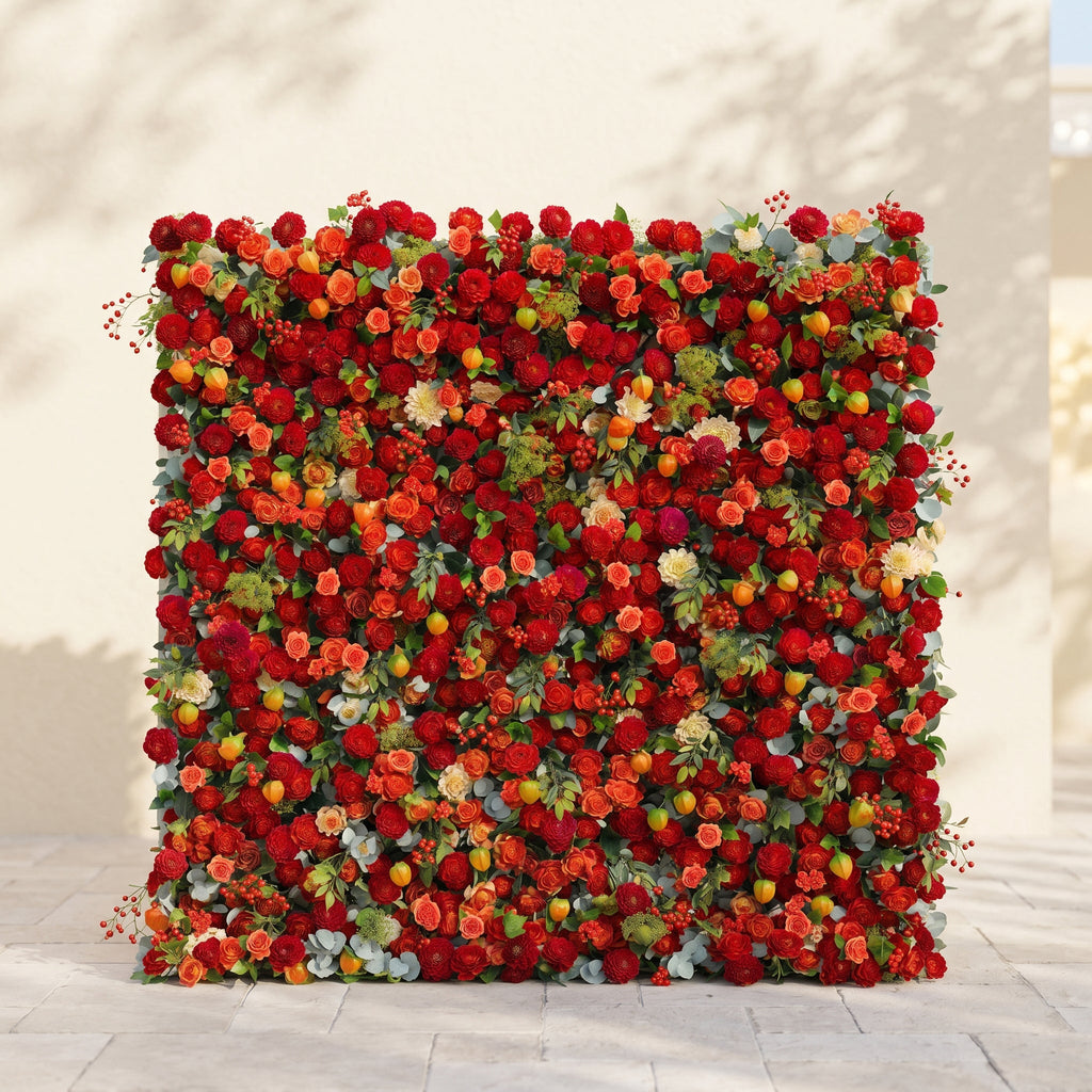 Novara | Luxury 5D Crimson Red & Vibrant Orange Silk Floral Wall Backdrop with Berry Accents for Autumn Weddings | Shipping Included
