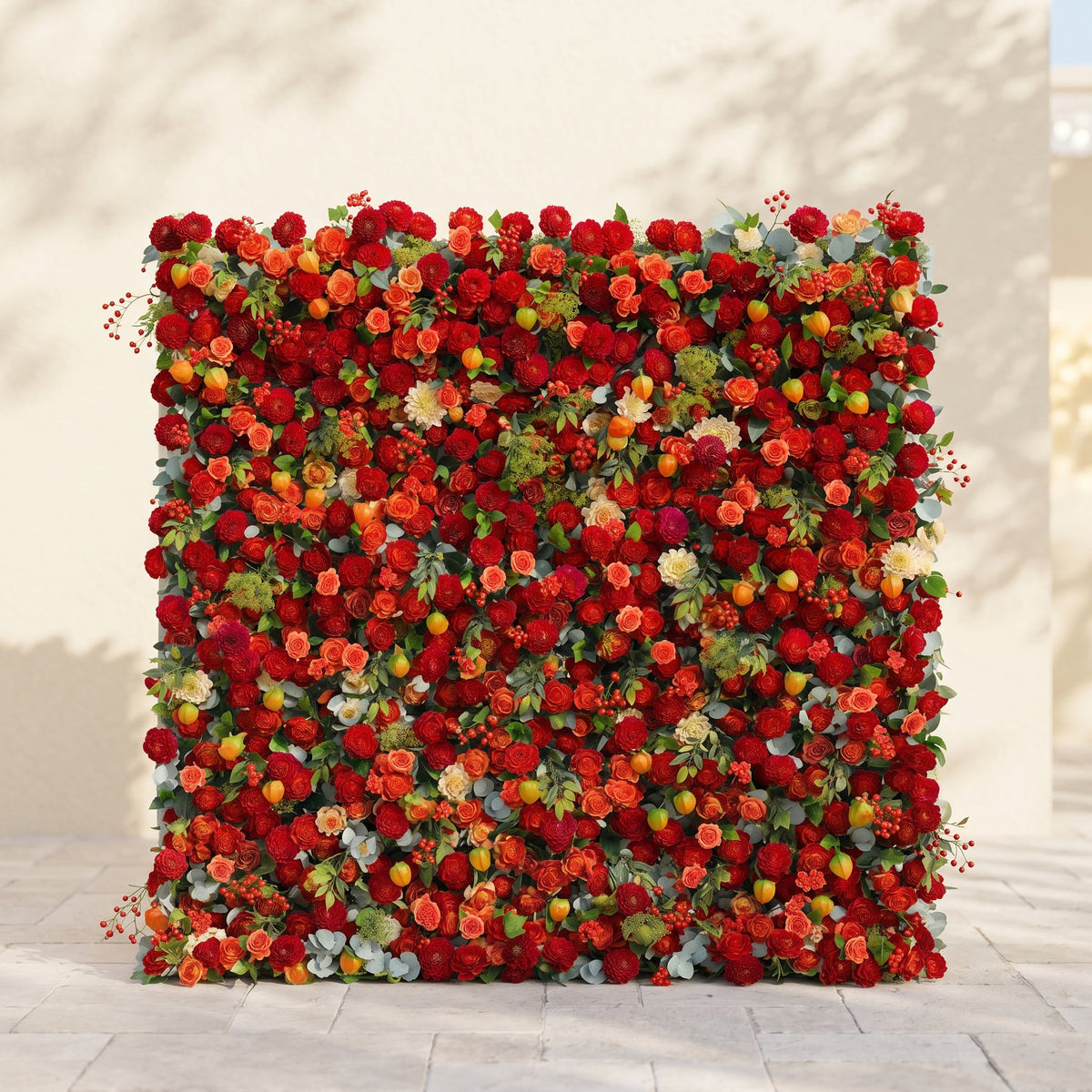 Novara | Luxury 5D Crimson Red & Vibrant Orange Silk Floral Wall Backdrop with Berry Accents for Autumn Weddings | Shipping Included
