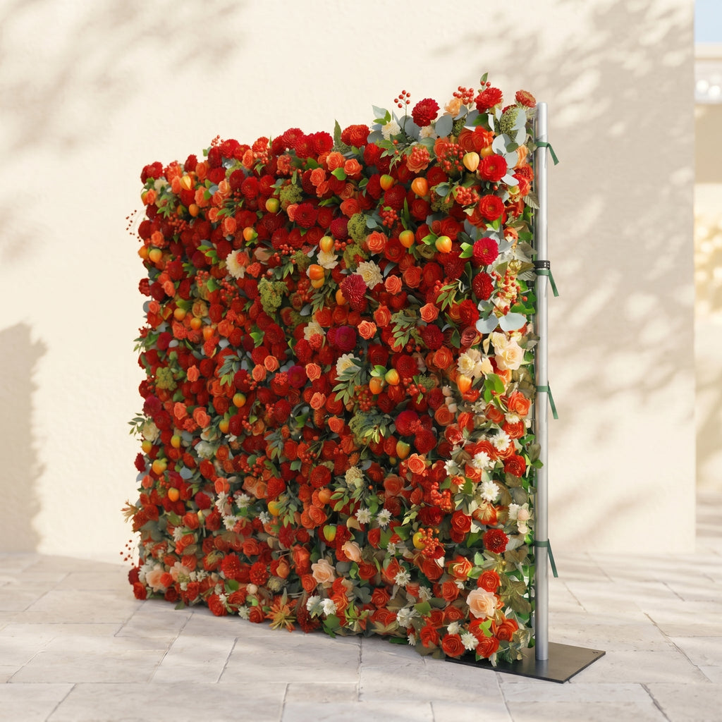 Novara | Luxury 5D Crimson Red & Vibrant Orange Silk Floral Wall Backdrop with Berry Accents for Autumn Weddings | Shipping Included
