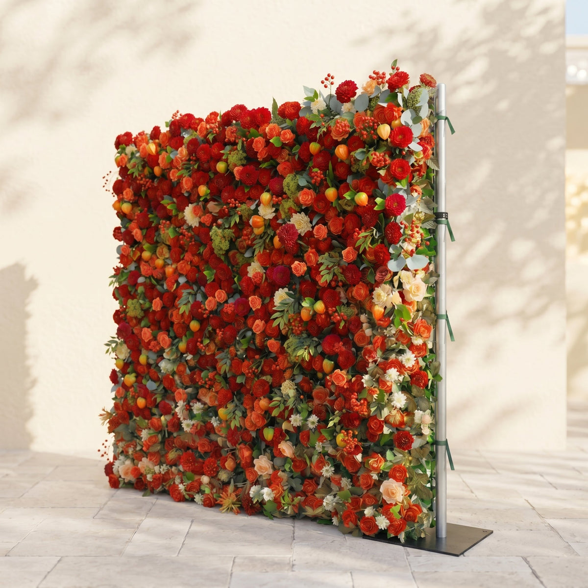 Novara | Luxury 5D Crimson Red & Vibrant Orange Silk Floral Wall Backdrop with Berry Accents for Autumn Weddings | Shipping Included