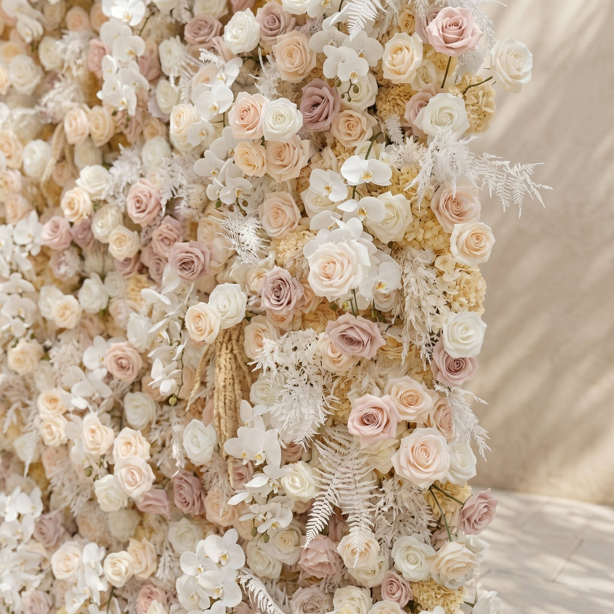 Novmora | 5D Neutral Warm Cream Peach & Blush Pink Event-Ready Silk Rose Floral Wall Backdrop for Romantic Wedding & Proposal Setups | Shipping Included