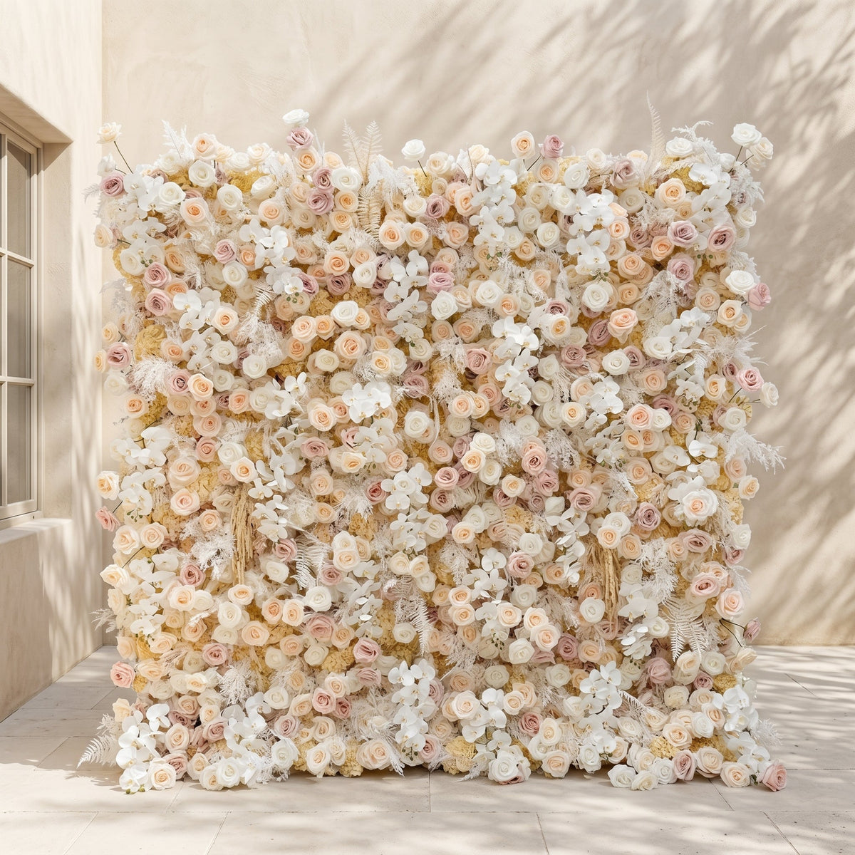 Novmora | 5D Neutral Warm Cream Peach & Blush Pink Event-Ready Silk Rose Floral Wall Backdrop for Romantic Wedding & Proposal Setups | Shipping Included