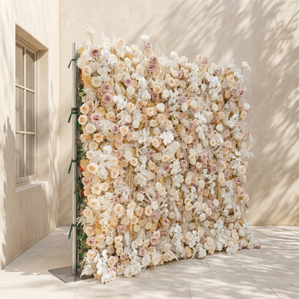 Novmora | 5D Neutral Warm Cream Peach & Blush Pink Event-Ready Silk Rose Floral Wall Backdrop for Romantic Wedding & Proposal Setups | Shipping Included