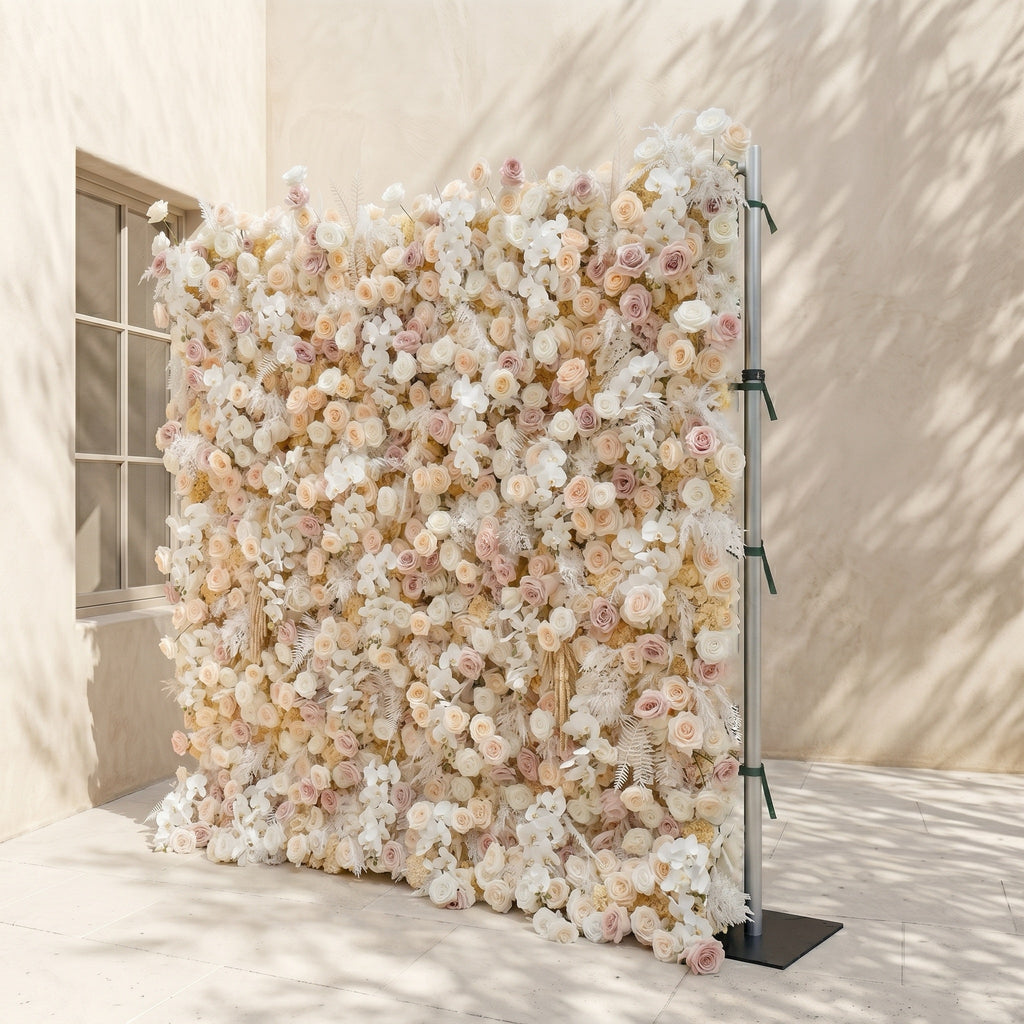 Novmora | 5D Neutral Warm Cream Peach & Blush Pink Event-Ready Silk Rose Floral Wall Backdrop for Romantic Wedding & Proposal Setups | Shipping Included