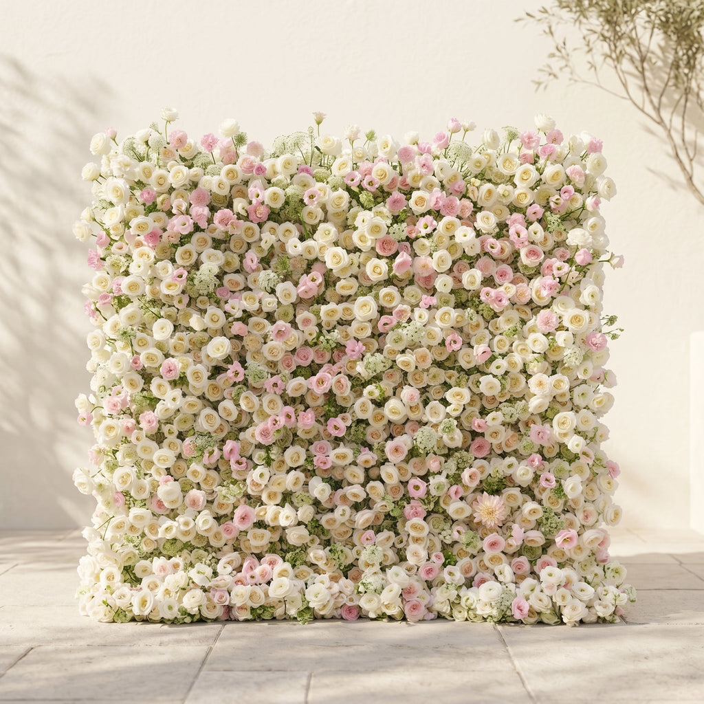 Pearlnora | Luxury 5D Pearl White & Blush Pink Silk Event-Ready Floral Wall Backdrop for Elegant Minimalist Weddings | Shipping Included