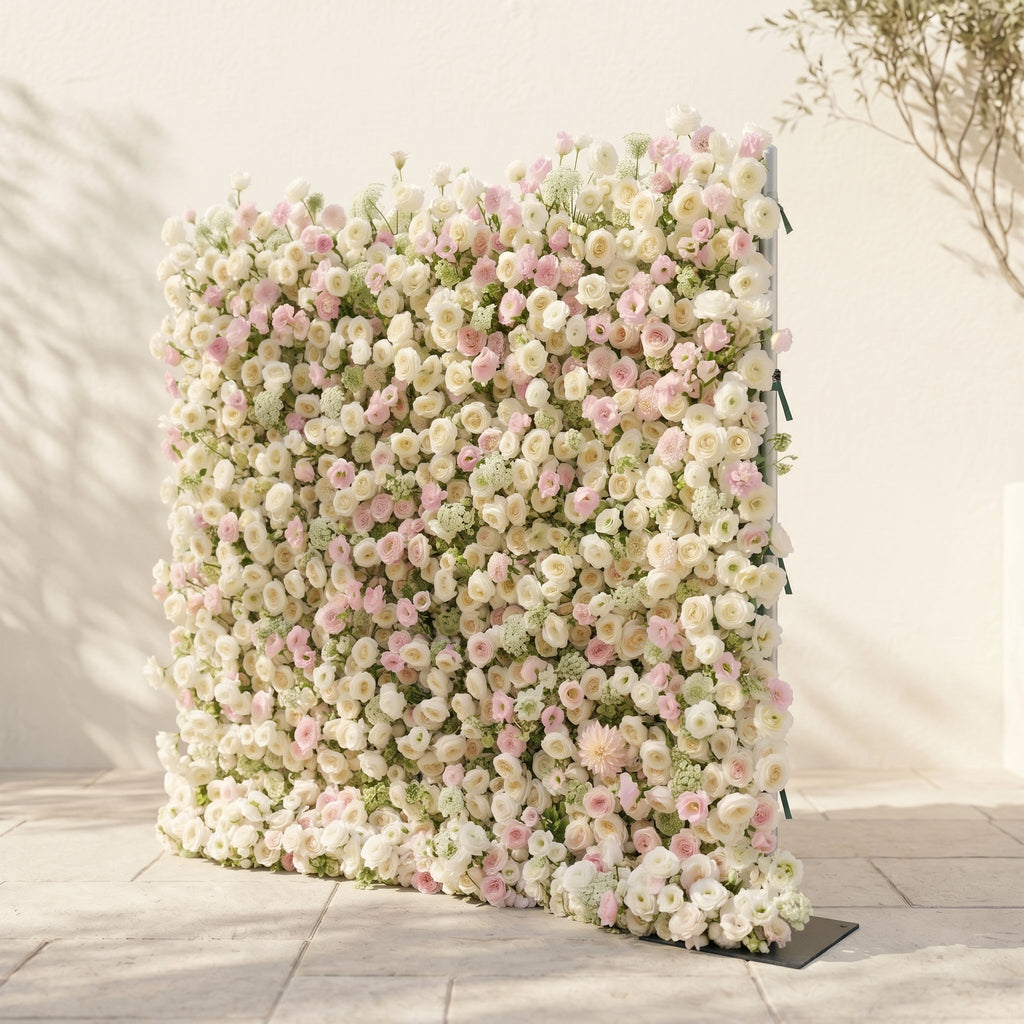 Pearlnora | Luxury 5D Pearl White & Blush Pink Silk Event-Ready Floral Wall Backdrop for Elegant Minimalist Weddings | Shipping Included